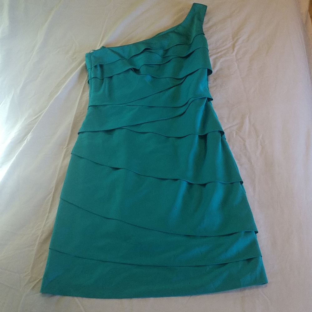 Teal silky one shoulder special occasion dress